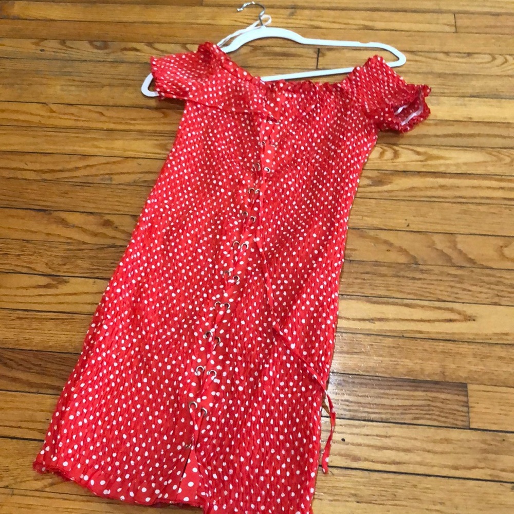 LF polka dot red dress runs big.